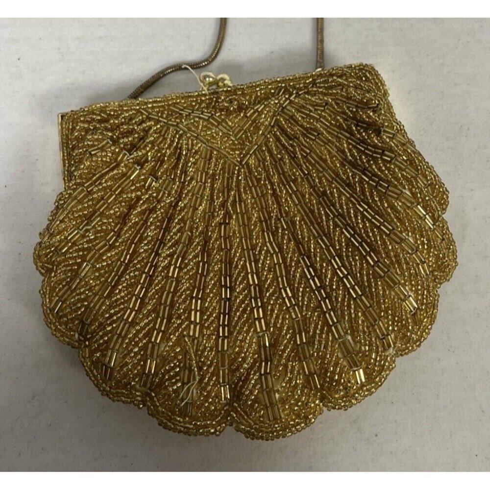 Vintage Gold Beaded Shell Clutch Purse With Chain Strap